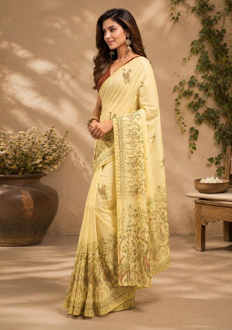 Cream Printed Cotton Saree Set - Indya