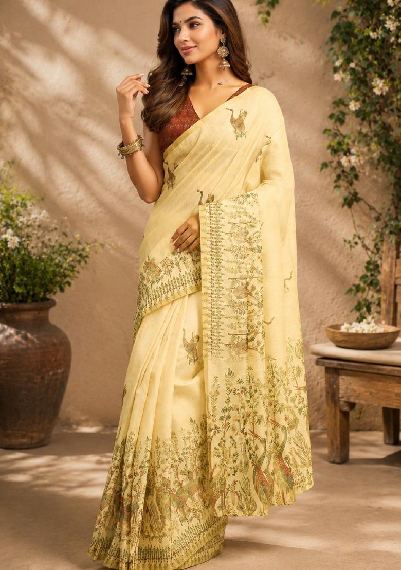 Cream Printed Cotton Saree Set - Indya