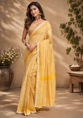 Yellow Printed Cotton Saree Set