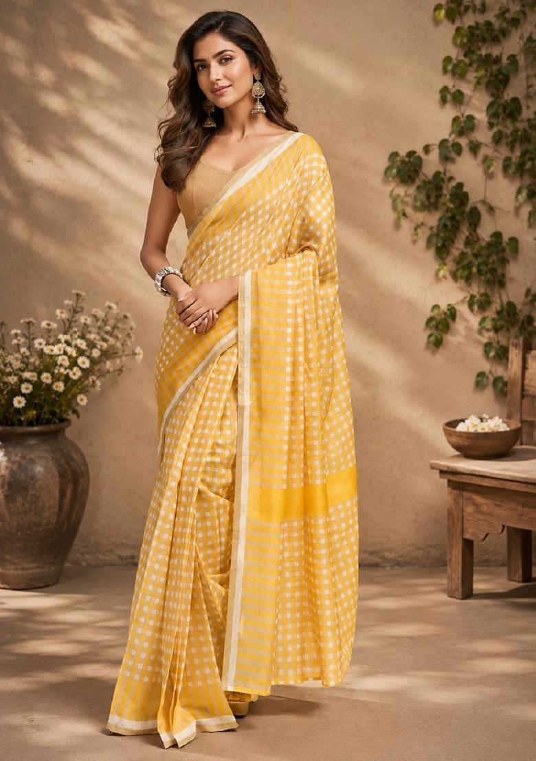 Yellow Printed Cotton Saree Set - Indya