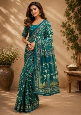Teal Printed Cotton Saree Set
