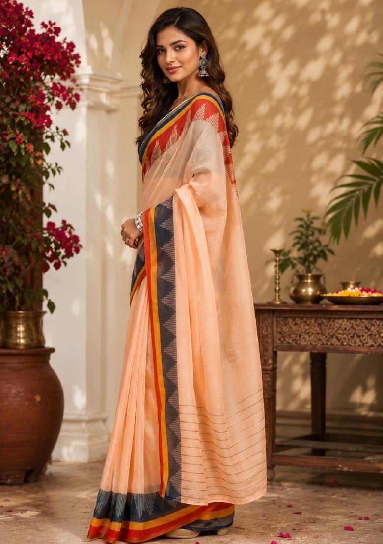 Peach Printed Cotton Saree Set - Indya
