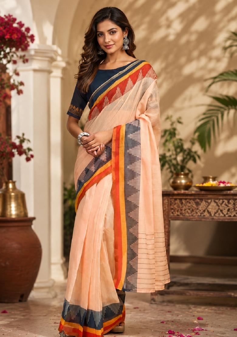 Peach Printed Cotton Saree Set - Indya
