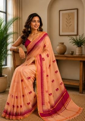 Peach Printed Cotton Saree Set
