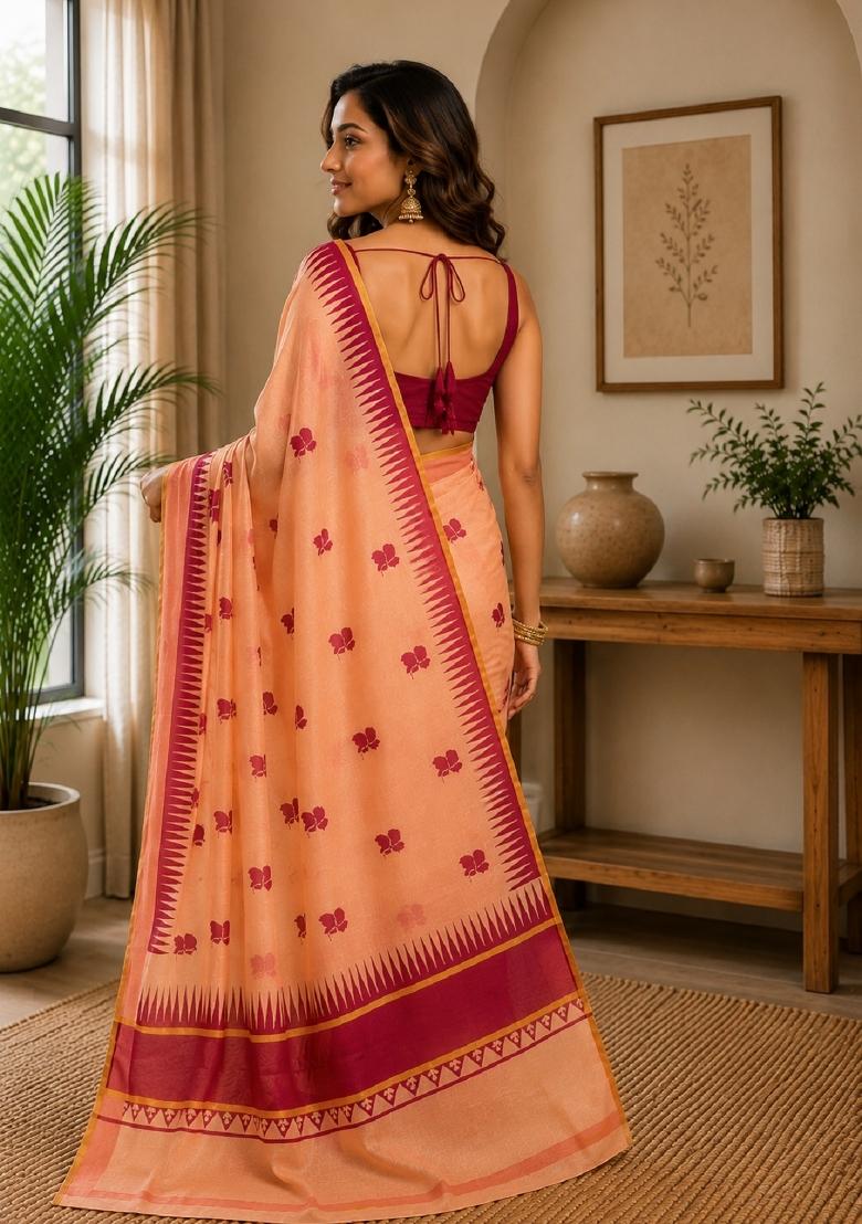 Peach Printed Cotton Saree Set - Indya