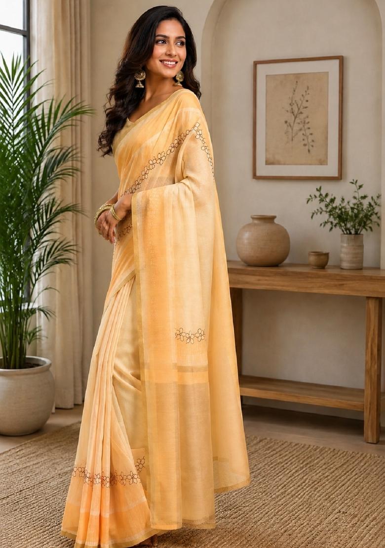 Beige Printed Cotton Saree Set - Indya