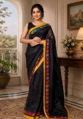 Black Printed Cotton Saree Set