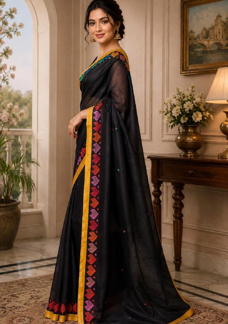 Black Printed Cotton Saree Set - Indya