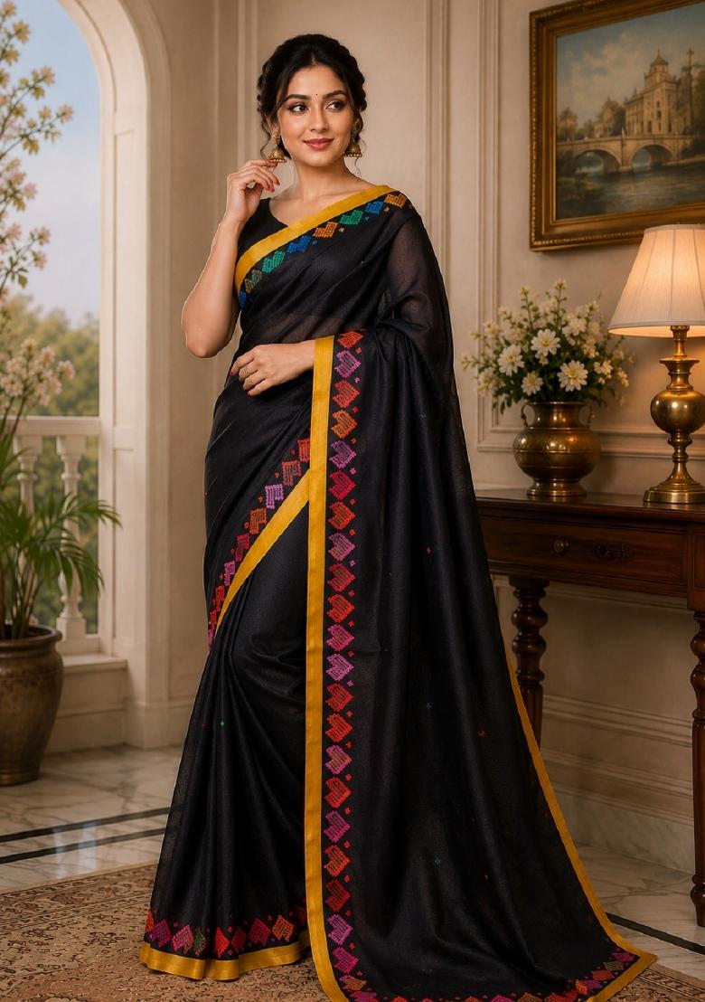 Black Printed Cotton Saree Set - Indya