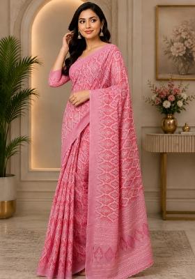 Baby Pink Printed Cotton Saree Set