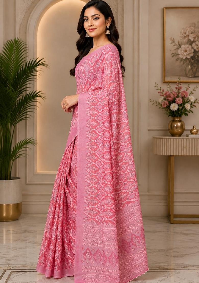 Baby Pink Printed Cotton Saree Set - Indya