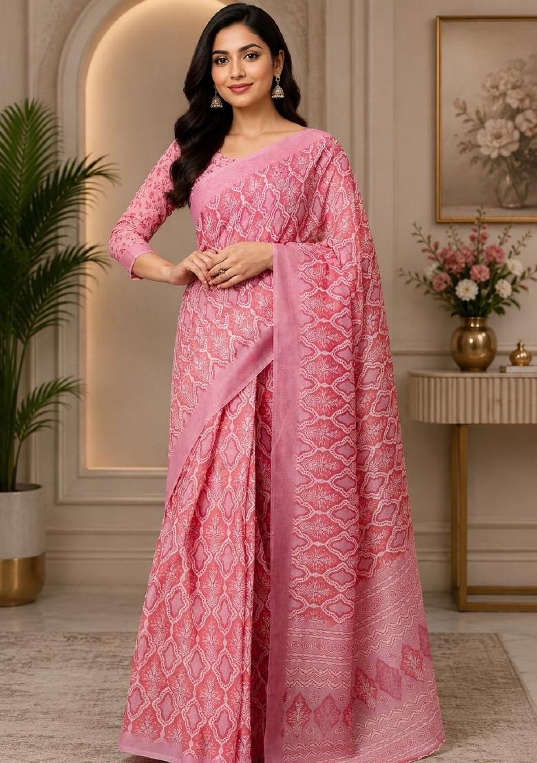 Baby Pink Printed Cotton Saree Set - Indya