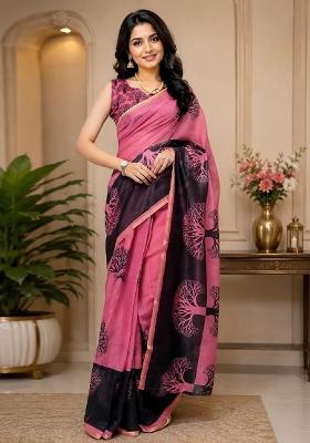 Pink Printed Cotton Saree Set