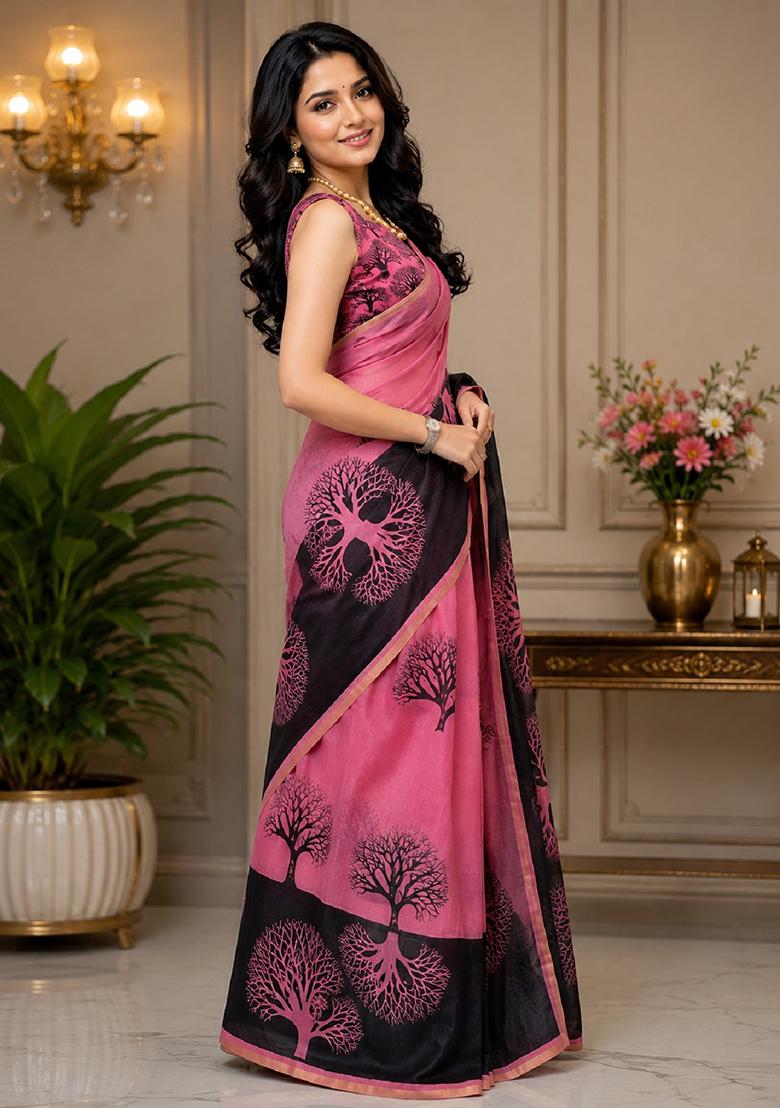 Pink Printed Cotton Saree Set - Indya
