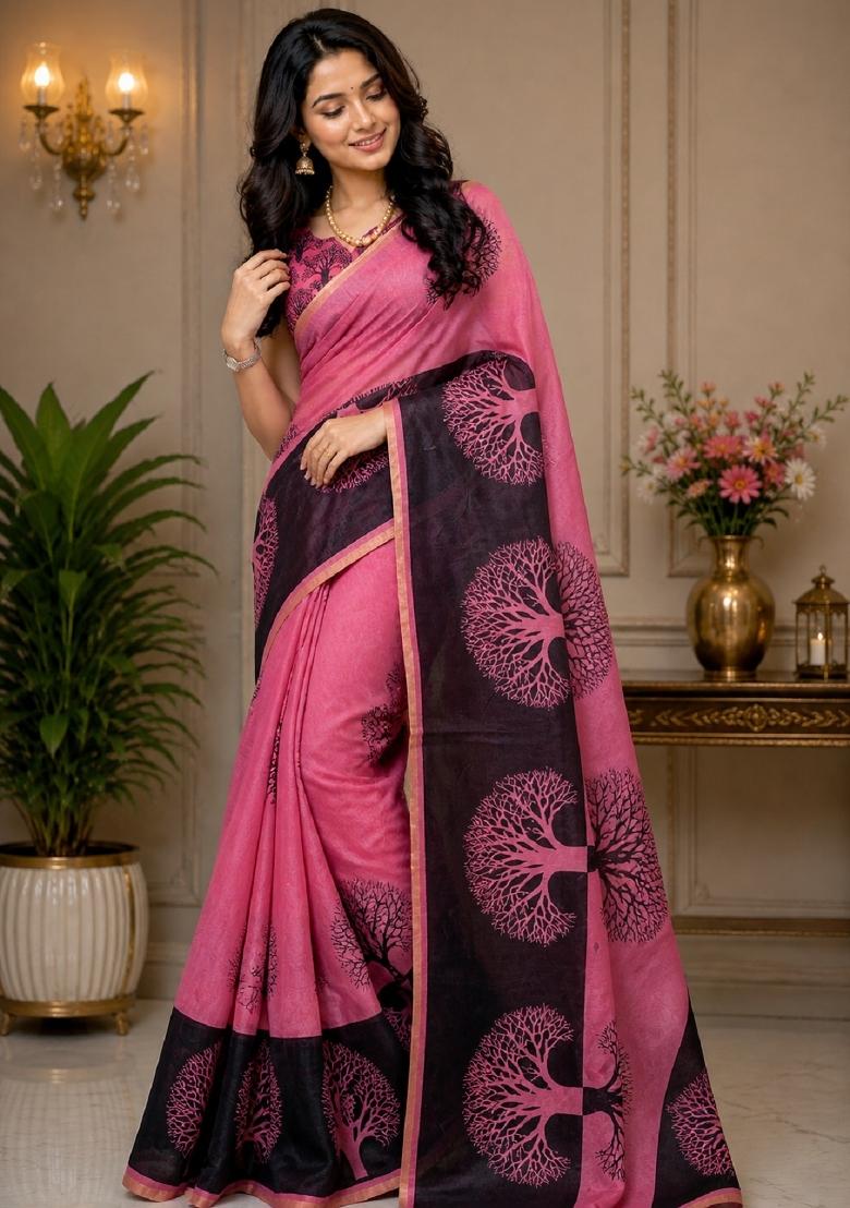 Pink Printed Cotton Saree Set - Indya