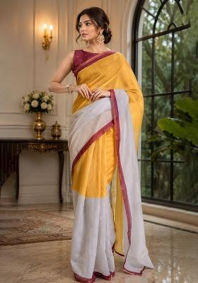 Yellow Printed Cotton Saree Set