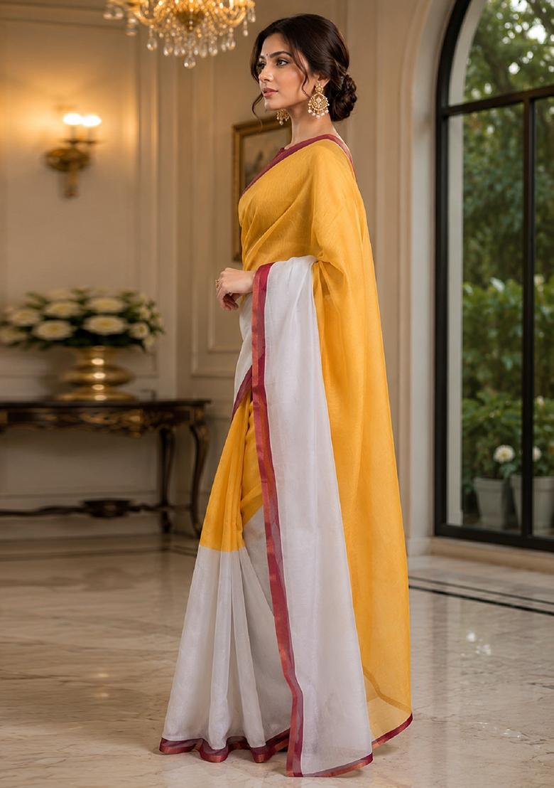Yellow Printed Cotton Saree Set - Indya
