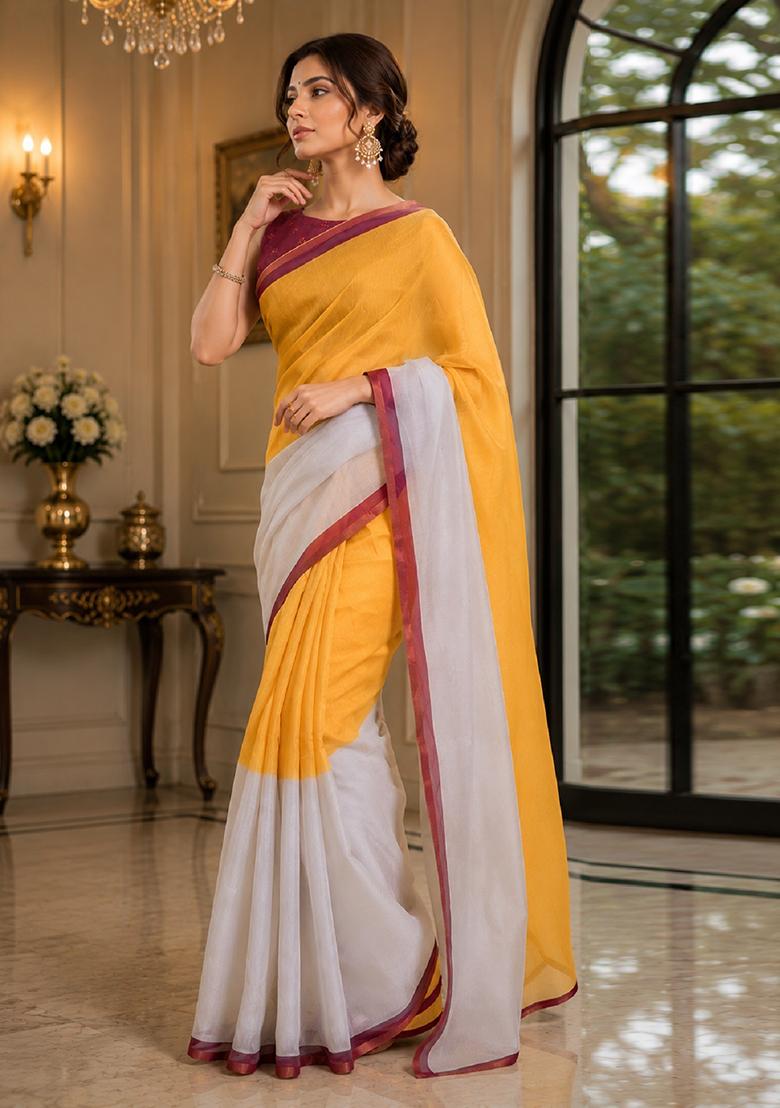 Yellow Printed Cotton Saree Set - Indya