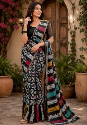 Black Printed Cotton Saree Set