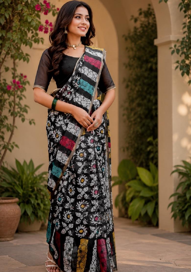 Black Printed Cotton Saree Set - Indya