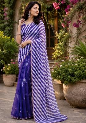 Purple Printed Cotton Saree Set