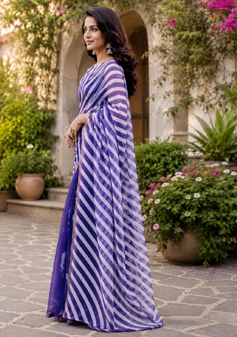 Purple Printed Cotton Saree Set - Indya