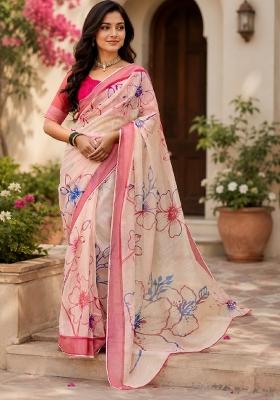 Off White Printed Cotton Saree Set