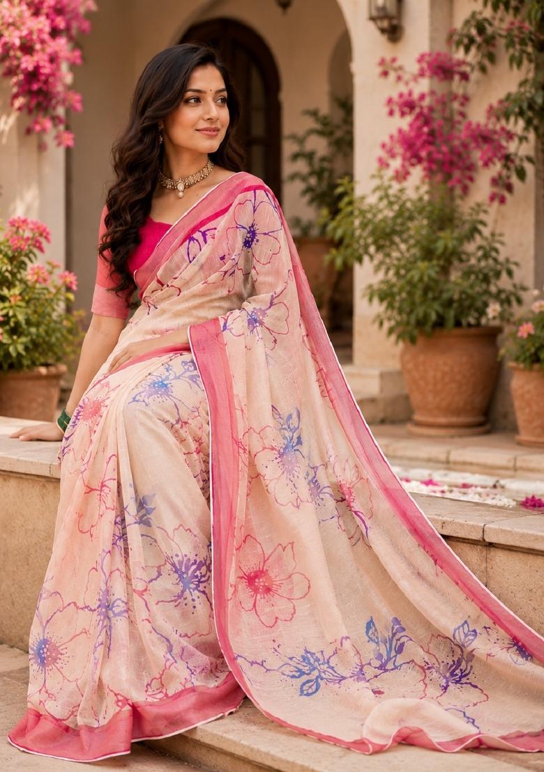 Off White Printed Cotton Saree Set - Indya