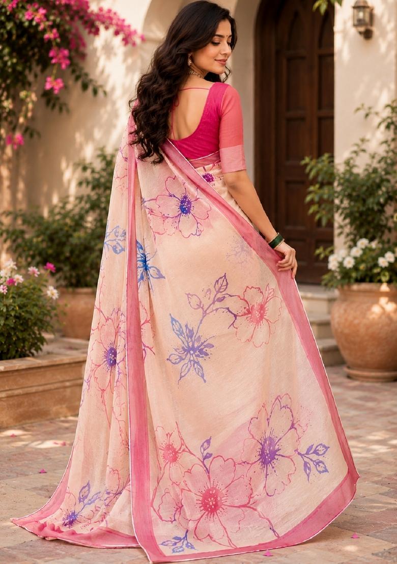Off White Printed Cotton Saree Set - Indya