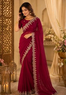 Rani Pink Embroidered Cotton Saree Set