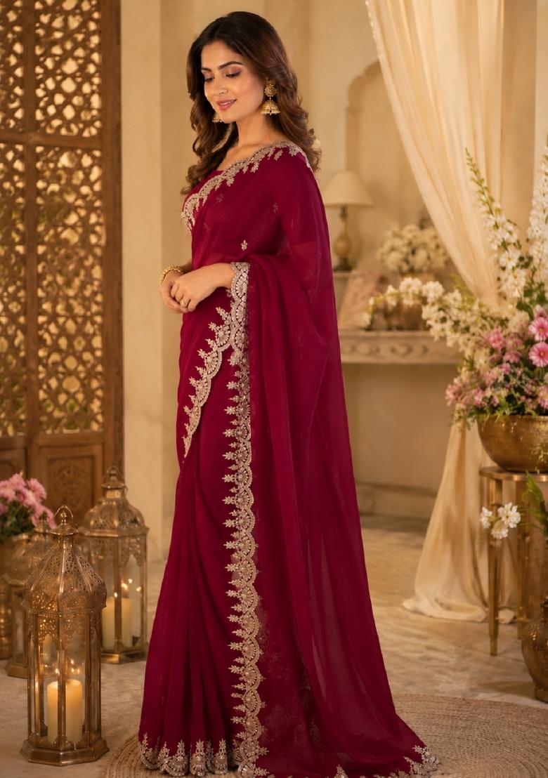 Rani Pink Embroidered Cotton Saree Set - Indya