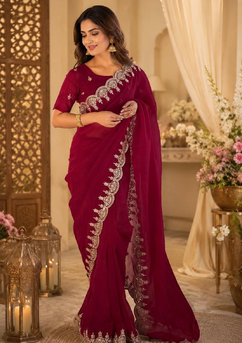 Rani Pink Embroidered Cotton Saree Set - Indya