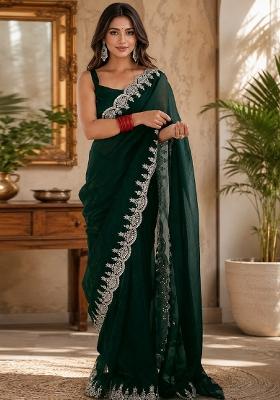 Green Embroidered Cotton Saree Set