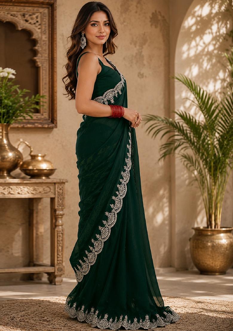 Green Embroidered Cotton Saree Set - Indya