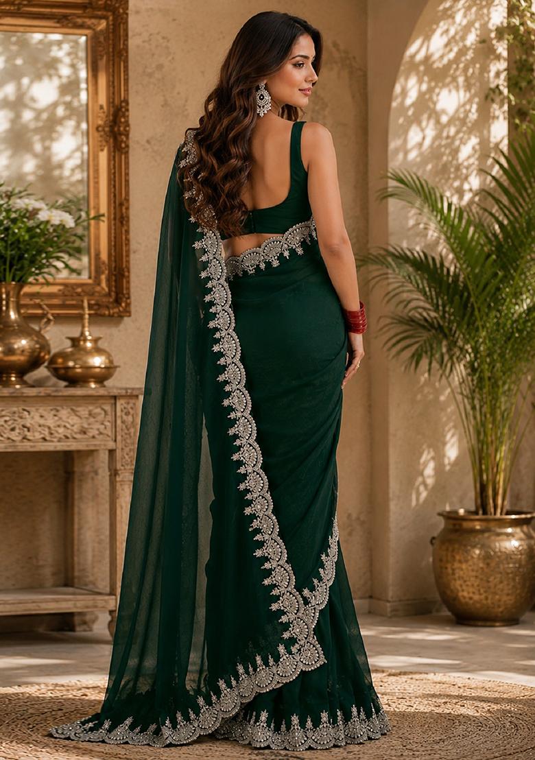 Green Embroidered Cotton Saree Set - Indya