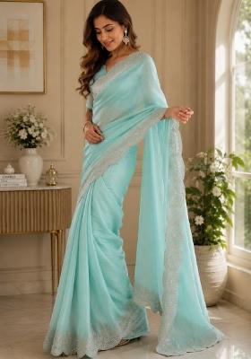 Sky Blue Embroidered Cotton Saree Set