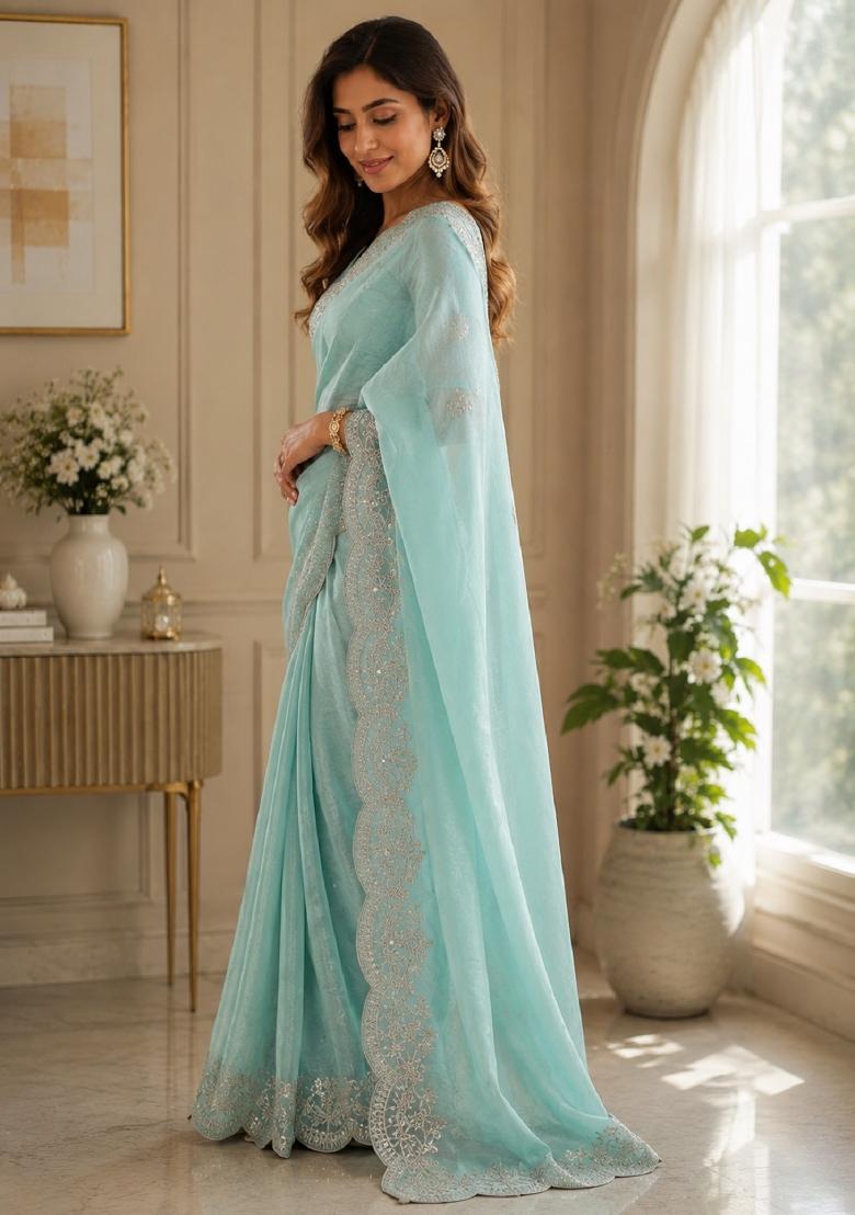 Sky Blue Embroidered Cotton Saree Set - Indya