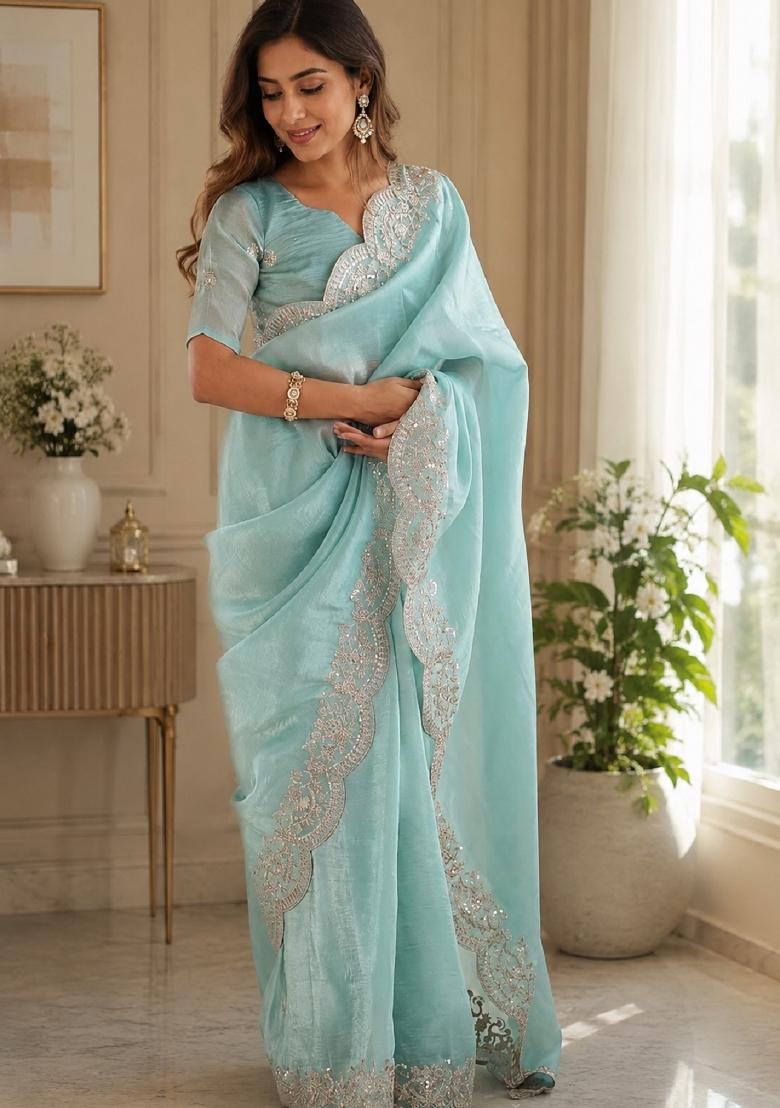 Sky Blue Embroidered Cotton Saree Set - Indya