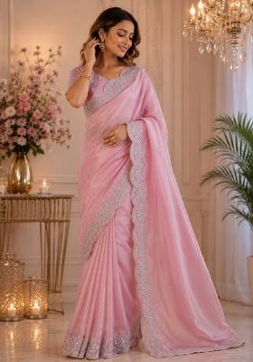 Baby Pink Embroidered Cotton Saree Set