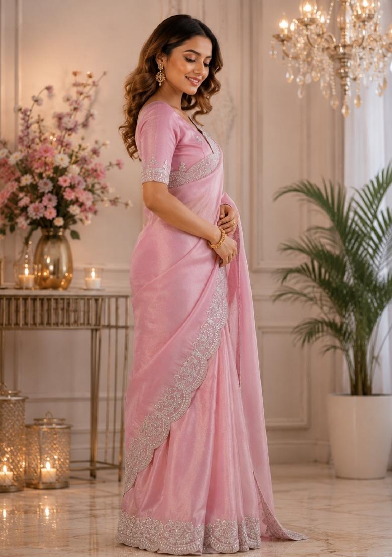 Baby Pink Embroidered Cotton Saree Set - Indya
