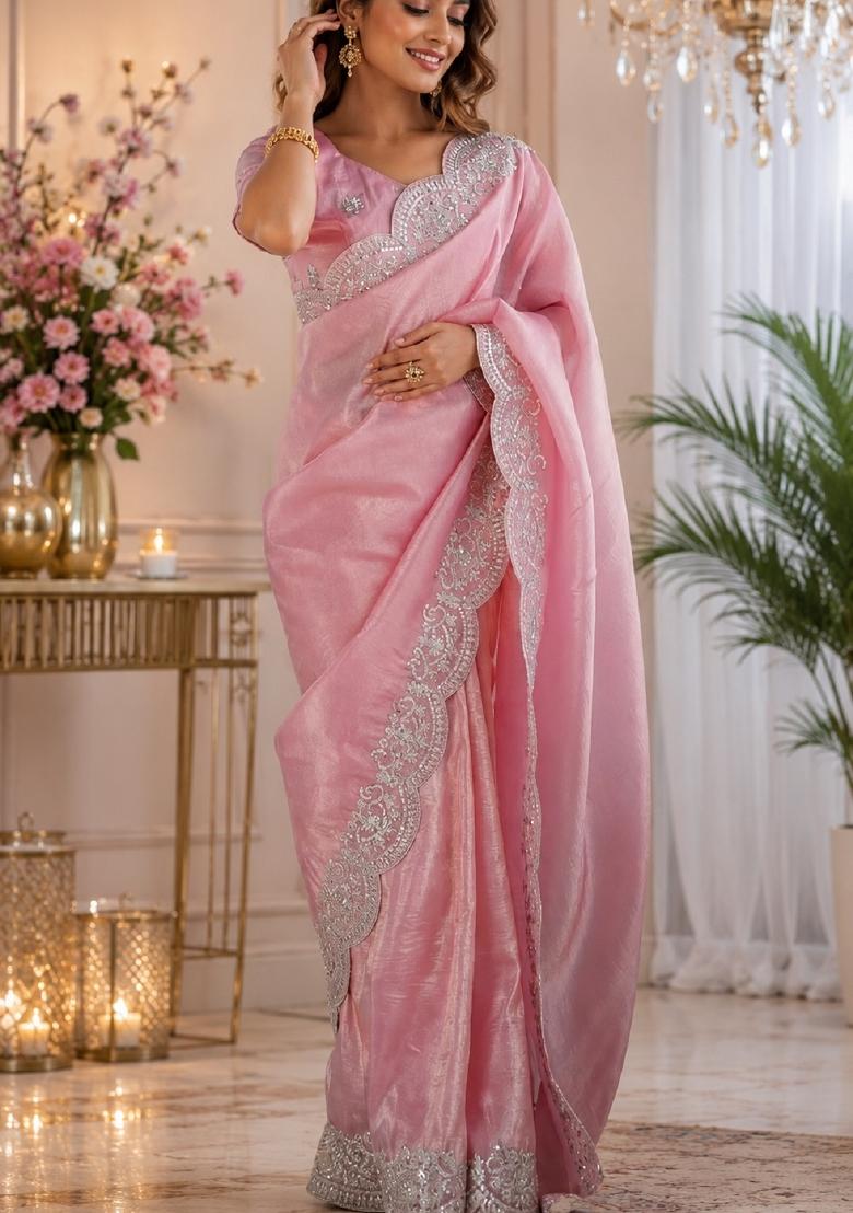 Baby Pink Embroidered Cotton Saree Set - Indya