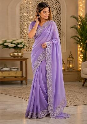 Lavender Embroidered Cotton Saree Set