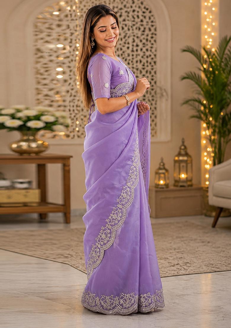 Lavender Embroidered Cotton Saree Set - Indya