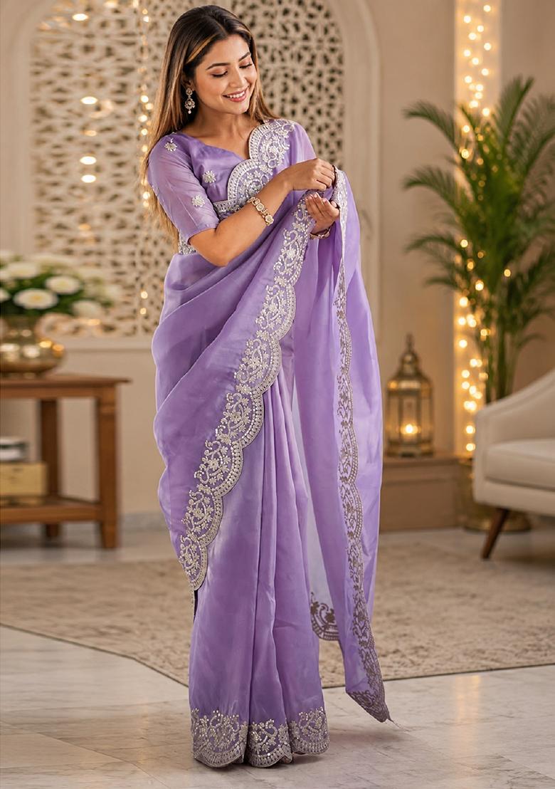 Lavender Embroidered Cotton Saree Set - Indya