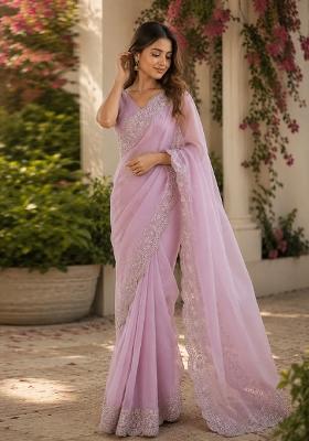 Light Lavender Embroidered Cotton Saree Set