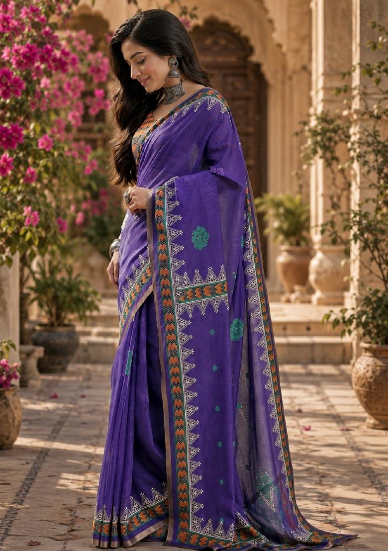 Purple Printed Linen Saree Set - Indya