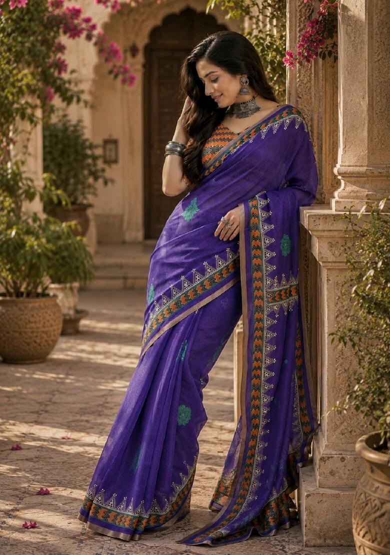 Purple Printed Linen Saree Set - Indya