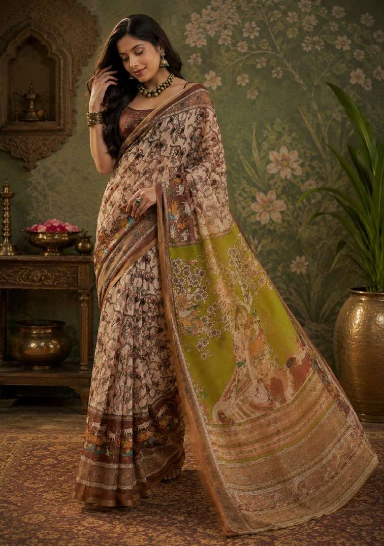Cream Linen Saree Set with Printed for Diwali | Wedding & Festive Wear - Indya