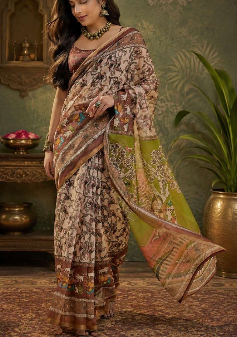 Cream Linen Saree Set with Printed for Diwali | Wedding & Festive Wear - Indya