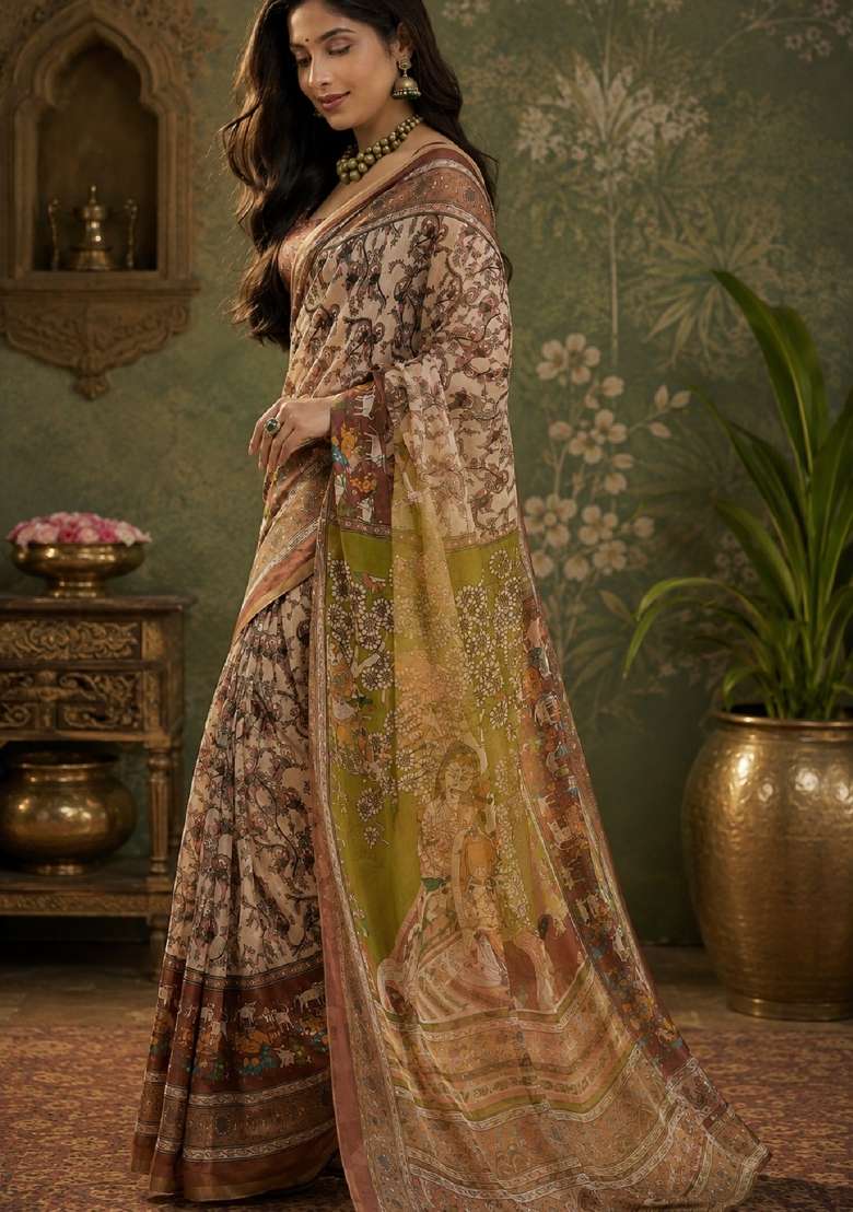 Cream Linen Saree Set with Printed for Diwali | Wedding & Festive Wear - Indya